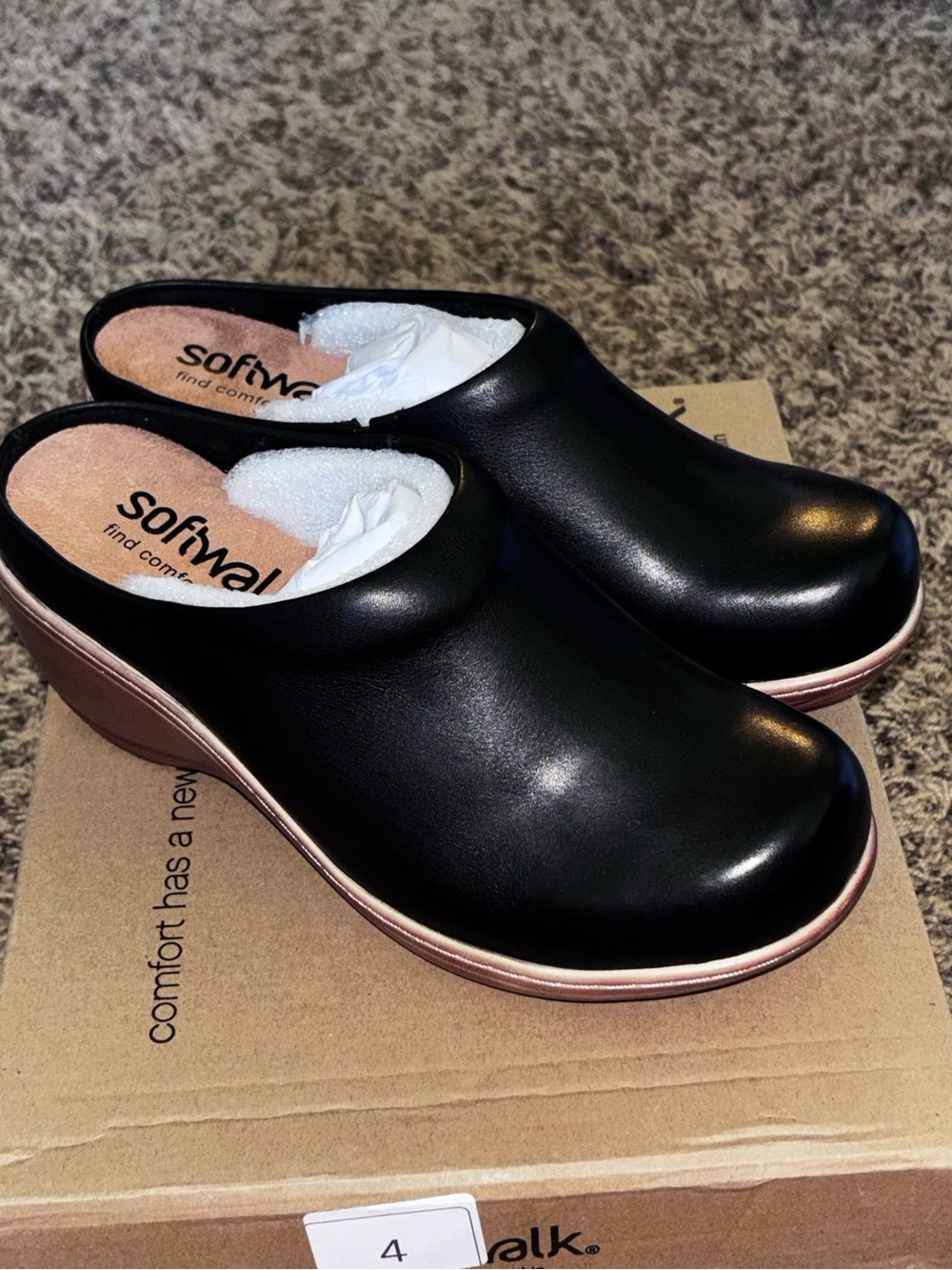 Black Leather Softwalk Madison Platform Wedge Clogs Faux Wood Treatment Size 6